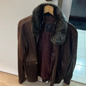 Mens guess brown jacket with fur collar size Large